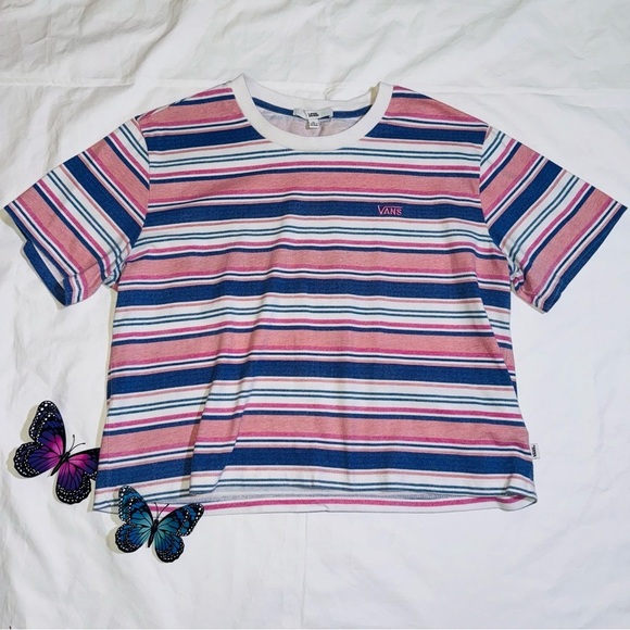 Vans T Shirt Wazzy Striped Cropped Tee Size Extra Large Pink Blue and White - Picture 1 of 9